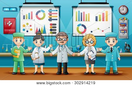 Doctors With Professional Chemists In The Laboratory Room