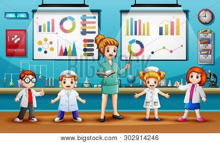 Scientist Standing With Chalkboard Teaching Student In Laboratory Classroom