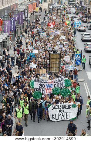 Stockholm, Sweden - May 24, 2019: Greta Thunberg And The Global Strike For Future, A Demonstration T