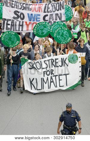 Stockholm, Sweden - May 24, 2019: Greta Thunberg And The Global Strike For Future, A Demonstration T