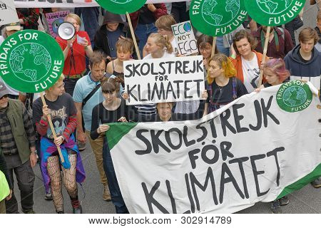 Stockholm, Sweden - May 24, 2019: Greta Thunberg And The Global Strike For Future, A Demonstration T