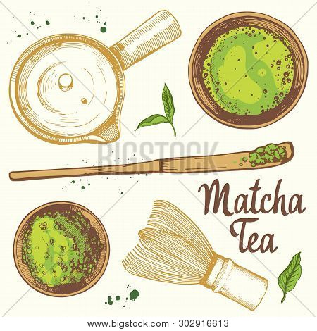 Japaneese Ethnic And National Tea Ceremony. Matcha. Traditions Of Teatime. Decorative Elements For Y