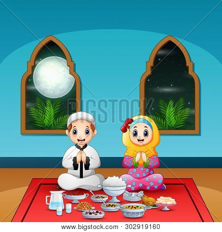 Muslim Couple Pray Together Before Break Fasting