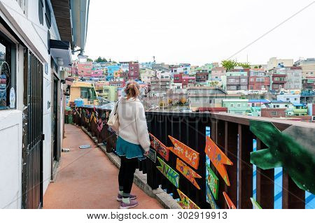 Busan, South Korea - April 2019: Tourists Visiting Gamcheon Culture Village, Famous Attraction With