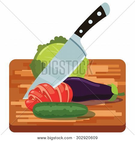 Fresh Vegetables On Woden Cutting Board With Knife