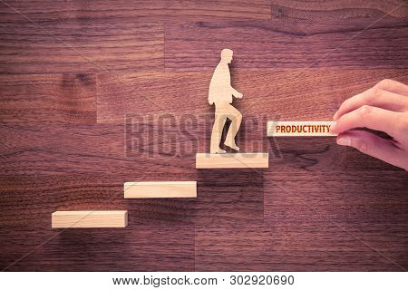 Coach Motivate To Productivity Improvement. Hand With The Last Peace Of Stair And Person Made From W