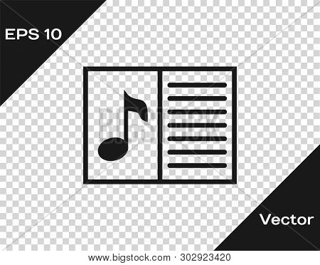 Grey Music Book With Note Icon Isolated On Transparent Background. Music Sheet With Note Stave. Note