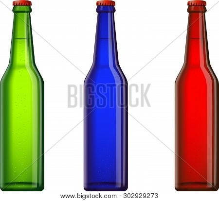 Three Glossy Bottles With Light Beer Or Fresh Drink Standing. Three Colors - Green, Blue, Red. White