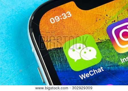 Helsinki, Finland, May 4, 2019: Wechat Messenger Application Icon On Apple Iphone X Smartphone Scree