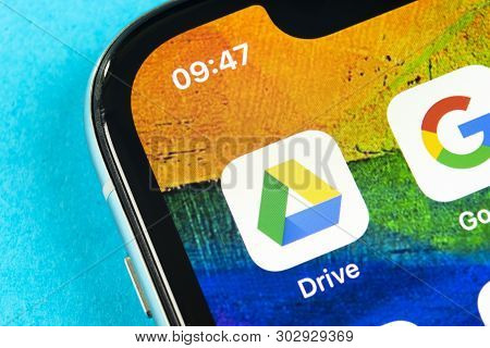 Helsinki, Finland, May 4, 2019: Google Drive Application Icon On Apple Iphone X Screen Close-up. Goo