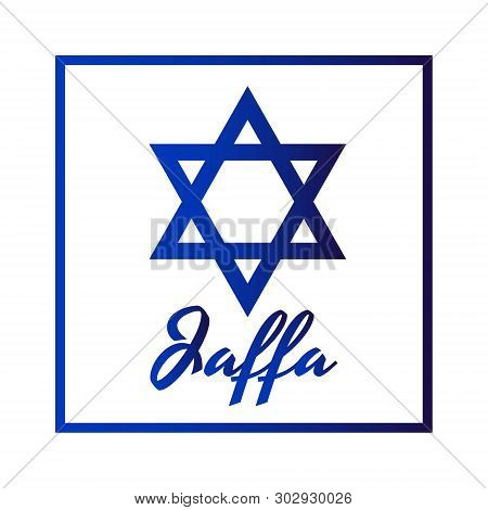 Square Icon Of Blue David Star With Inscription Of City Name: Jaffa In Modern Style. Israel Symbol W