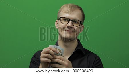 Man Received Paper Money For A Major Deal. Counting Money Green Screen. Get Money Cash, Receive Paym