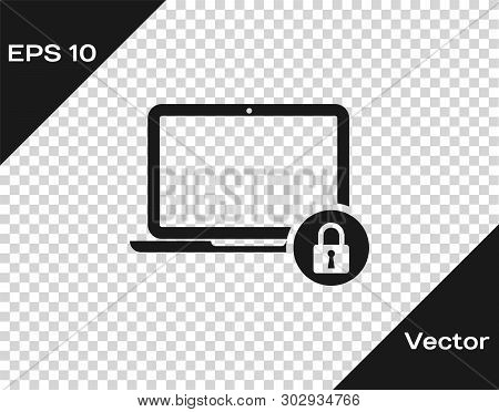 Grey Laptop And Lock Icon Isolated On Transparent Background. Computer And Padlock. Security, Safety