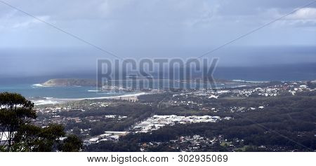 View Of Coffs Harbour From Forest Sky Pier, Which Is A Lookout Pier With Sweeping Views On A Cloudy 
