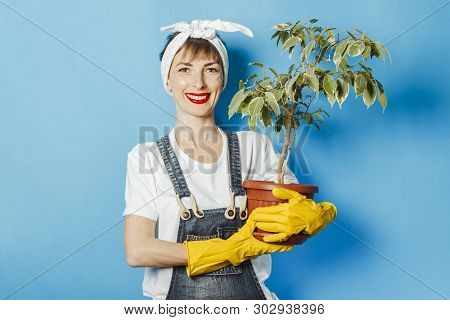 Young Woman In Rubber Gloves Holds A Flower Against A Blue Background. Cleaning Concept, Cleaning Se
