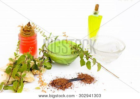 Basil Face Pack Isolated On White I.e. Sandalwood Powder Well Mixed With Tulsi,rose Water,olive Oil,