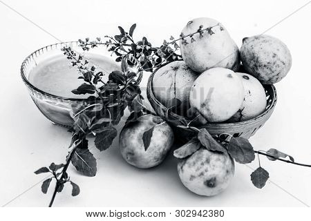 Lemon Face Pack Isolated On White I.e. Lime Juice Well Mixed With Tulsi Or Holy Basil's Juice.used F