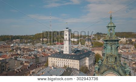 Aerial Roofs And Streets Old City Lviv, Ukraine. Central Part Of Old City. European City. Panorama O