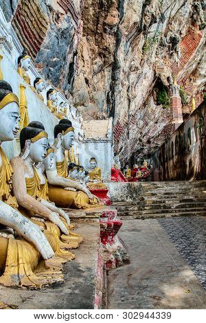 Buddha Statues Inside Of Kaw Ka Thaung Cave, Located Close To Hpa-an, Myanmar