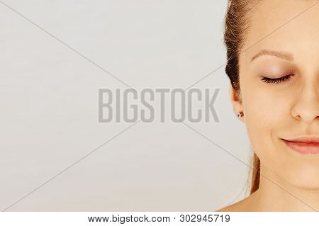 Beautiful Woman Face With Closed Eyes And Perfect Skin With Natural Make-up. Dreaming, Thinking, Ima