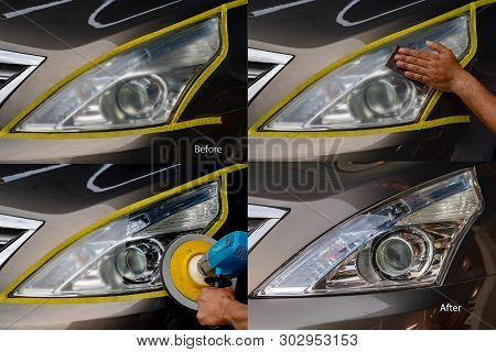 Big Headlight Cleaning With Power Buffer Machine At Service Station ,before And After Cleaning