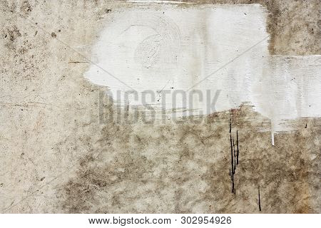 Concrete Wall Fragment. Old Dirty Cement Texture With Defects. Grunge Surface With Cracks And Weathe