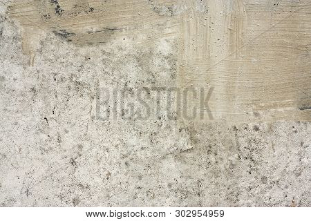 Concrete Wall Fragment. Old Dirty Cement Texture With Defects. Grunge Surface With Cracks And Weathe