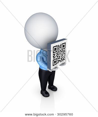 bir elinde bir QR kodu 3D küçük kişi.