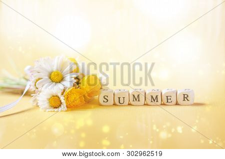 Bouquet Flower Camomila With Text Summer On Yellow Background. Summer Consept Background