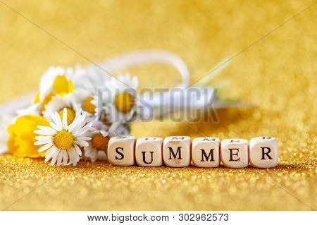 Bouquet Flower Camomila With Text Summer On Yellow Background. Summer Consept Background