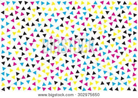 Cmyk Banner, Yellow, Magenta And Cyan Circles And Triangles On White Background, Pattern For Print H