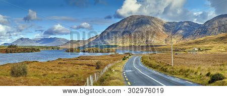 Panopramic Landscape With Inagh Lake And Mountains In Galway County, Ireland