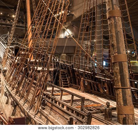 Stockholm, Sweden - April 20, 2019: Old Sailing Ship Vasa. Vasa Museum In Stockholm. View Of The Dec
