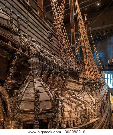 Stockholm, Sweden - April 20, 2019: Old Sailing Ship Vasa. Vasa Museum In Stockholm. View From The S