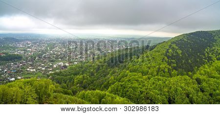 Panoramic View Of Village In Spring Mountain Forest. Kosiv, Ukraine