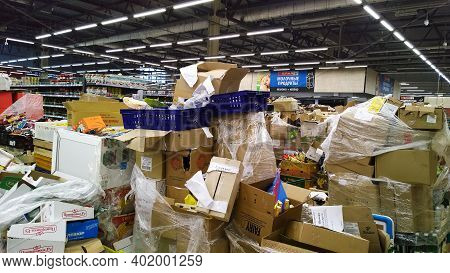 St. Petersburg, Russia - December, 2019: Grocery Store Chain Filed For Bankruptcy. Clutter, Trash An