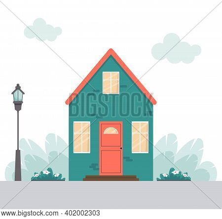 Cute House In Flat Style. Home Facade With Door And Windows. House In A Cartoon Style With A Street 