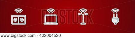 Set Smart Electrical Outlet, Wireless Laptop, Street Light And Plug Icon. Vector