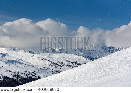 Mountains In The Pyrenees In Andorra In Winter With Lots Of Snow.