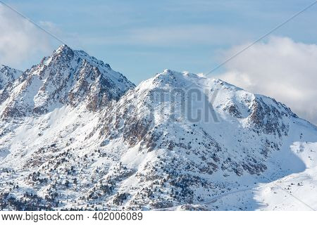 Mountains In The Pyrenees In Andorra In Winter With Lots Of Snow.