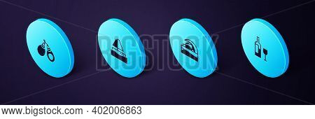 Set Isometric Wine Bottle With Glass, Concert Hall De Tenerife, Yacht Sailboat And Castanets Icon. V