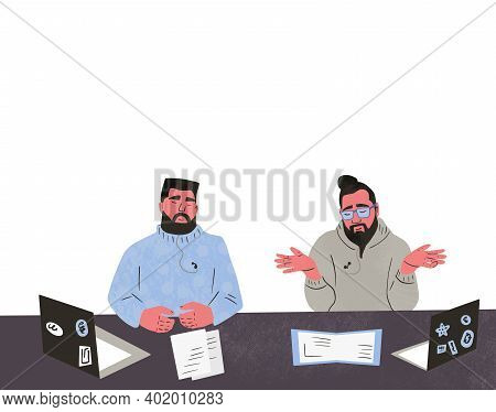 Team Meeting In Small Business. Two Bearded Owners With Their Parthers Online Talking About Plans An