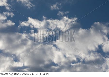 Bright Sunny Day, Cloudscape Full Of White Fluffy Cummulus Clouds, Natural Colors