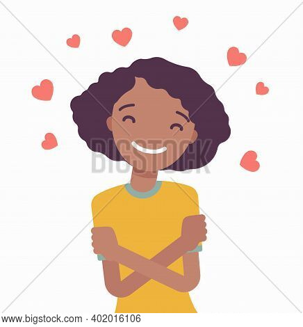 Love Yourself, Black Woman In Peace, Comfort With Herself. Girl In Positive Thinking, Feeling Health