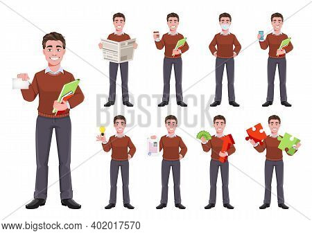 Stock Vector Successful Business Man, Set Of Nine Poses. Manager Character Design. Flat Style Vector