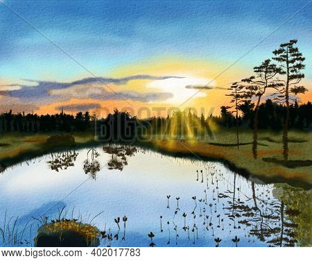 A Picturesque Sunset Over A Forest Lake Next To A Swamp. Landscape With Water And Silhouettes Of Pin