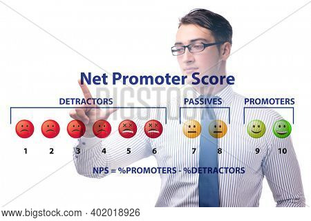 Net Promoter Score NPS concept with businessman pressing virtual