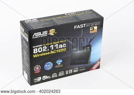 Brnenec, Czech Republic - January 31, 2020: Paper Box, Inside Wifi Router Asus Rt-ac68u, Wireless De