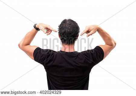A Man In A Black T-shirt, His Back, Points Fingers To His Back, For Advertising Or Product Marketing