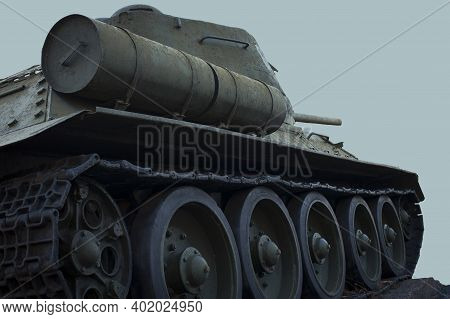 Monument With The Soviet T-34 Tank In Memory Of The Soldiers Of The Great Patriotic War. Monument To